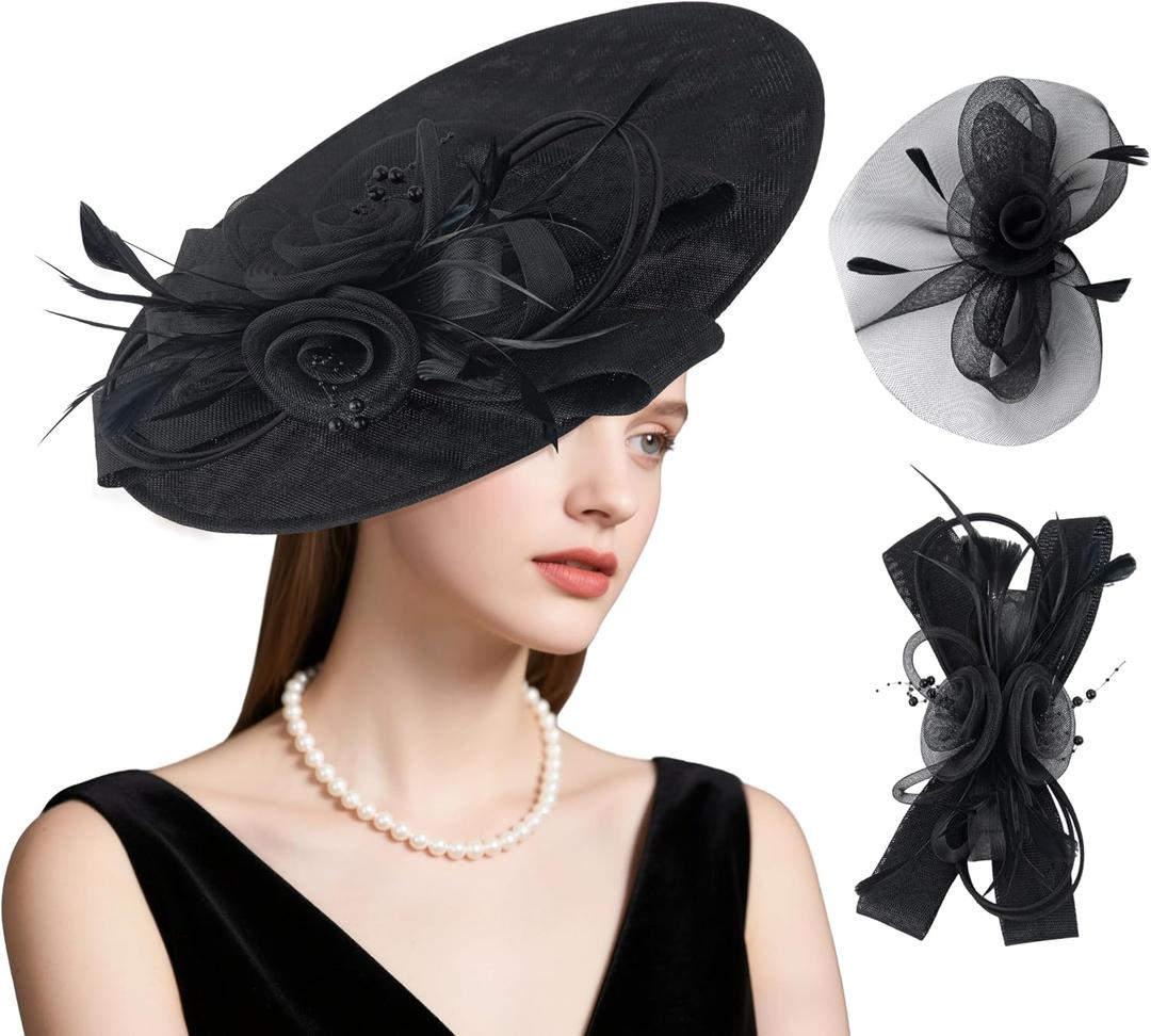 dressfan Wide Brim Fascinator Derby Hats for Women,20s Detachable Flower Hat with Headband for Derby Church Wedding Tea Party (Black)