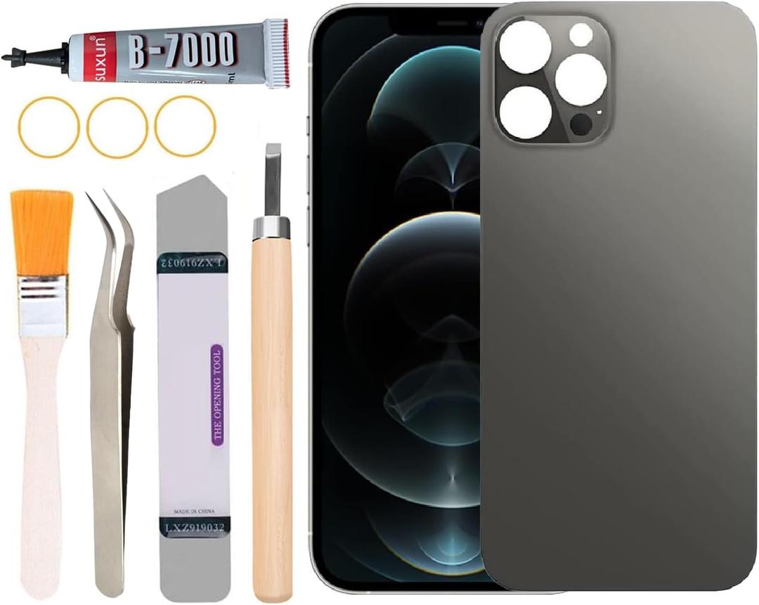 Back Glass Replacement for iPhone 12 Pro Max All Carriers with Professional Repair Tool Kit (Black)