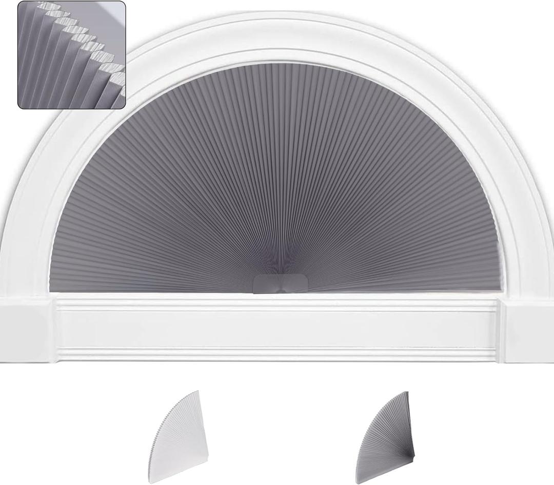 SEEYE Arch Window Blackout Shades, Pleated Fabric Blind (Radius: 36'') Half Circle Cellular Cordless Semicircular Blinds with No Tools, Half-Round Shade Easy to Cut and Install, Dark Gray-White