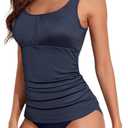 Aleumdr Women's Ribbed Ruched Two Piece Tankini Bathing Suits Tummy Control Swim Top with Bottom Swimsuits (Large, Navy Blue)