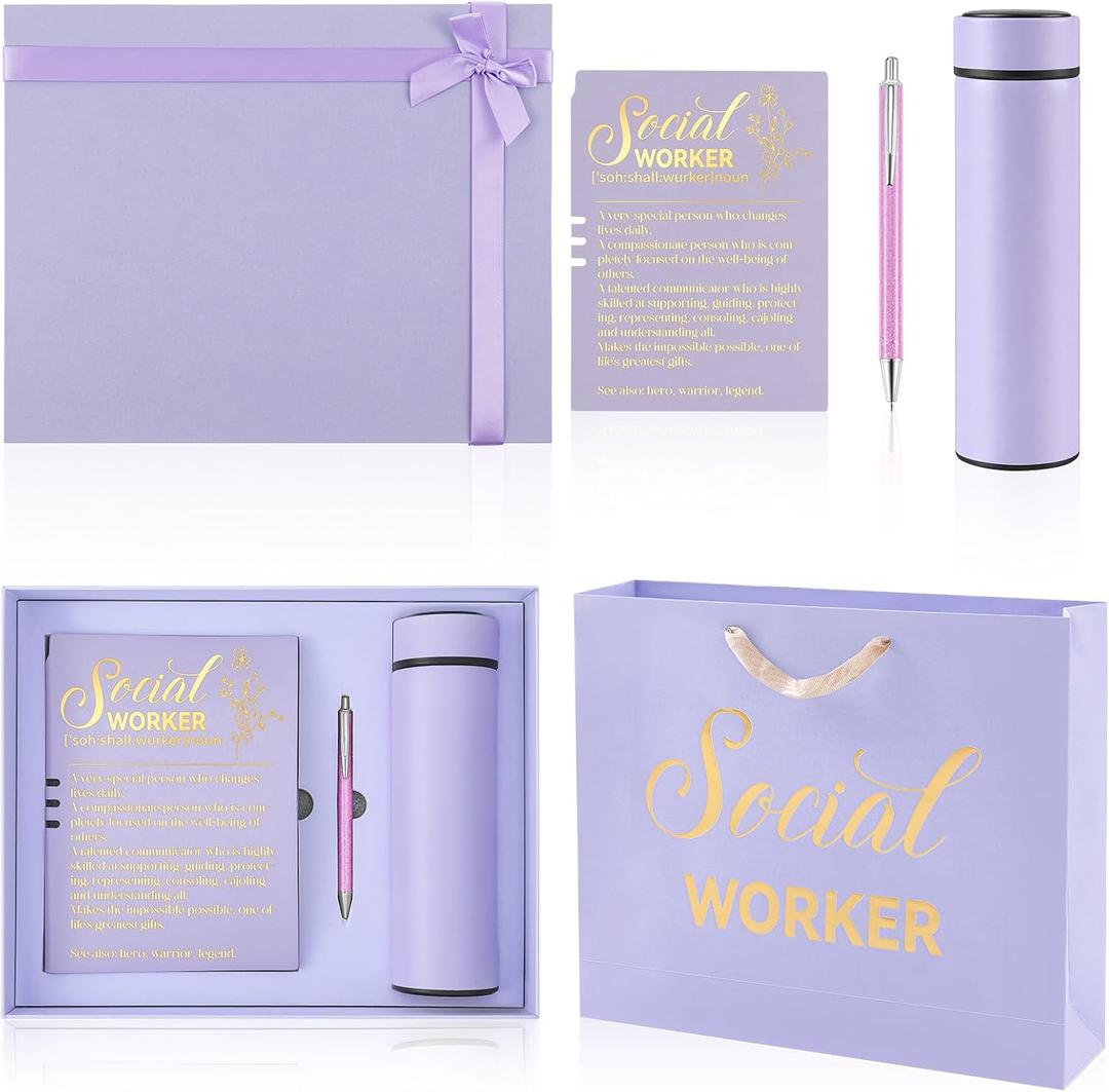 Eaasty 5 Pcs Social Worker Appreciation Gifts 18 oz Tumbler Journal Ballpoint Pens Gift Boxes Bag Thank You Gifts for Women Coworker Bsw MSW DSW Lcsw Volunteer Office Supplies(Purple)
