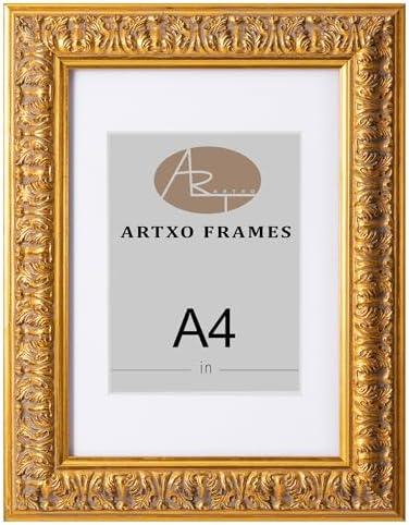 ArtXO A4 Gold Ornate Wood Picture Frame with Clear Plexiglass & Mat - Vintage Decor for Home, Wall Mountable Photo Display 45