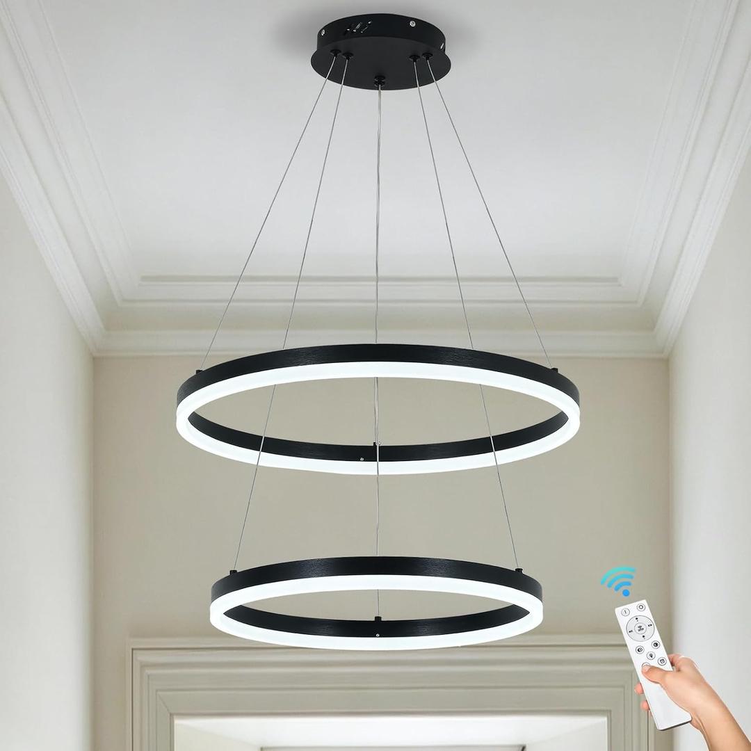 AVIOLYX 2 Rings Modern LED Chandelier Black High Ceiling Ring Chandeliers with Remote Control Circular Pendant Light Dimmable for Dining Room Living Room Bedroom Hallway Kitchen Island 3000K-6500K