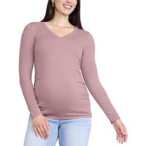 Motherhood Maternity Womens Long Sleeve V-Neck Side Ruched Tee Shirt (Pink, XXL)