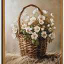 RERNIE Flowers in Basket Wall Art Countryside Cottage Wildflower White Floral Cottagecore Green Plant Paintings Decor Flower Still Life Neutral 16x24 Inch With frame