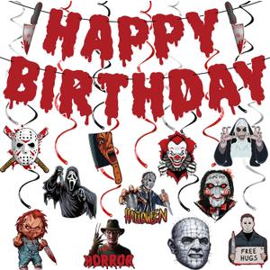 Hallowen Horror Birthday Decorations Set with Killer Happy Birthday Hallowen Banner and Hanging Swirls for Halloween Horror Have A Killer Birthdays Theme Party Decorations