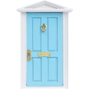 Miniature Dollhouse Door Model with Accessories, 1/12 Scale Wooden Mini Fairy House Furniture Parts, Small Opening Tooth Tale Decoration, for Christmas, Birthday, Wedding, and Fairy Party (Blue)