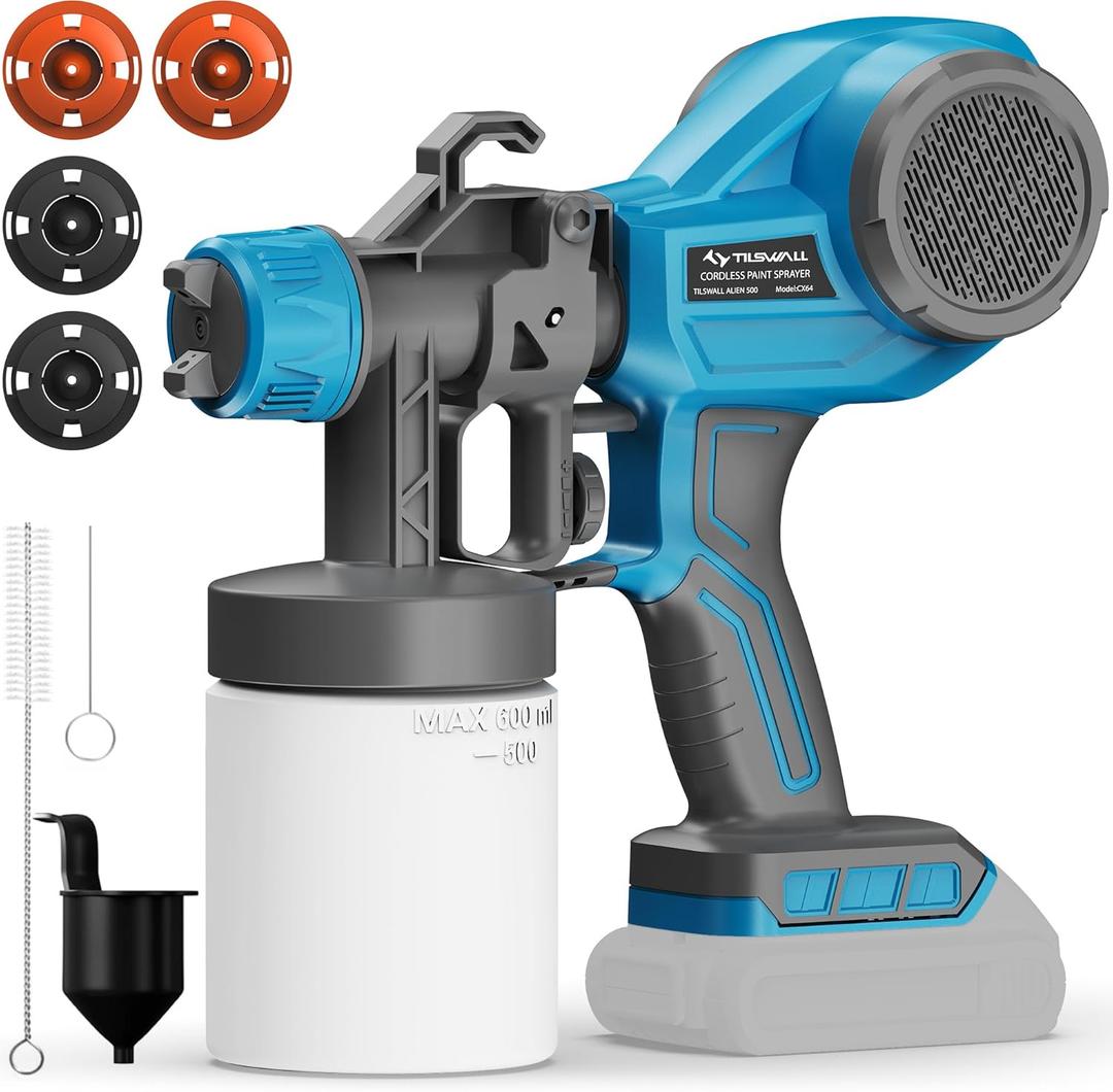 Tilswall Cordless Paint Sprayer Brushless, Compatible with Dewalt 20V Battery (Battery Not Included), Easy Side-Fill, 1300ml Container, Electric HVLP Spray Paint Gun for House Painting, Furniture