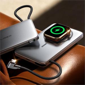 LISEN 0.5'' Ultra Slim MagSafe Power Bank for iPhone and Apple Watch,10000mAh MagSafe Battery Pack,Alloy Magnetic Portable Charger with Built in Cable for iPhone 16/15,Apple Watch S10/S9/S8/SE,Grey (Glacier Gray)