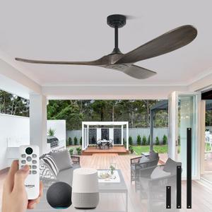 52 Inch Outdoor Ceiling Fans without Lights, Smart Wood Ceiling Fan no Light with Remote Control & Alexa/Google, Outdoor Fan for Patios Farmhouse 3 Blades High CFM Ceiling Fans Deep Brown