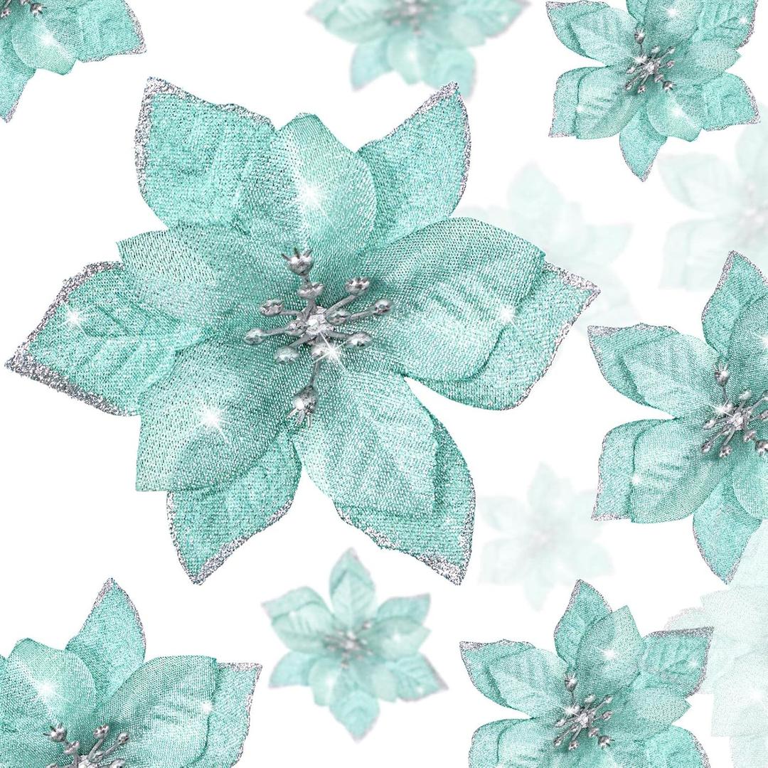 WILLBOND 36 Pcs 3 Size Christmas Poinsettia Christmas Tree Flowers Glitter Faux Flowers Decoration Artificial Poinsettia Ornaments for New Year Home Outdoor Decoration(3/4/ 6 Inch,Blue-Green)