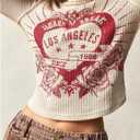 Women's Letter Graphic Tees Waffle Knitted Crew Neck Long Sleeve T Shirts Crop Tops (Beige, S)