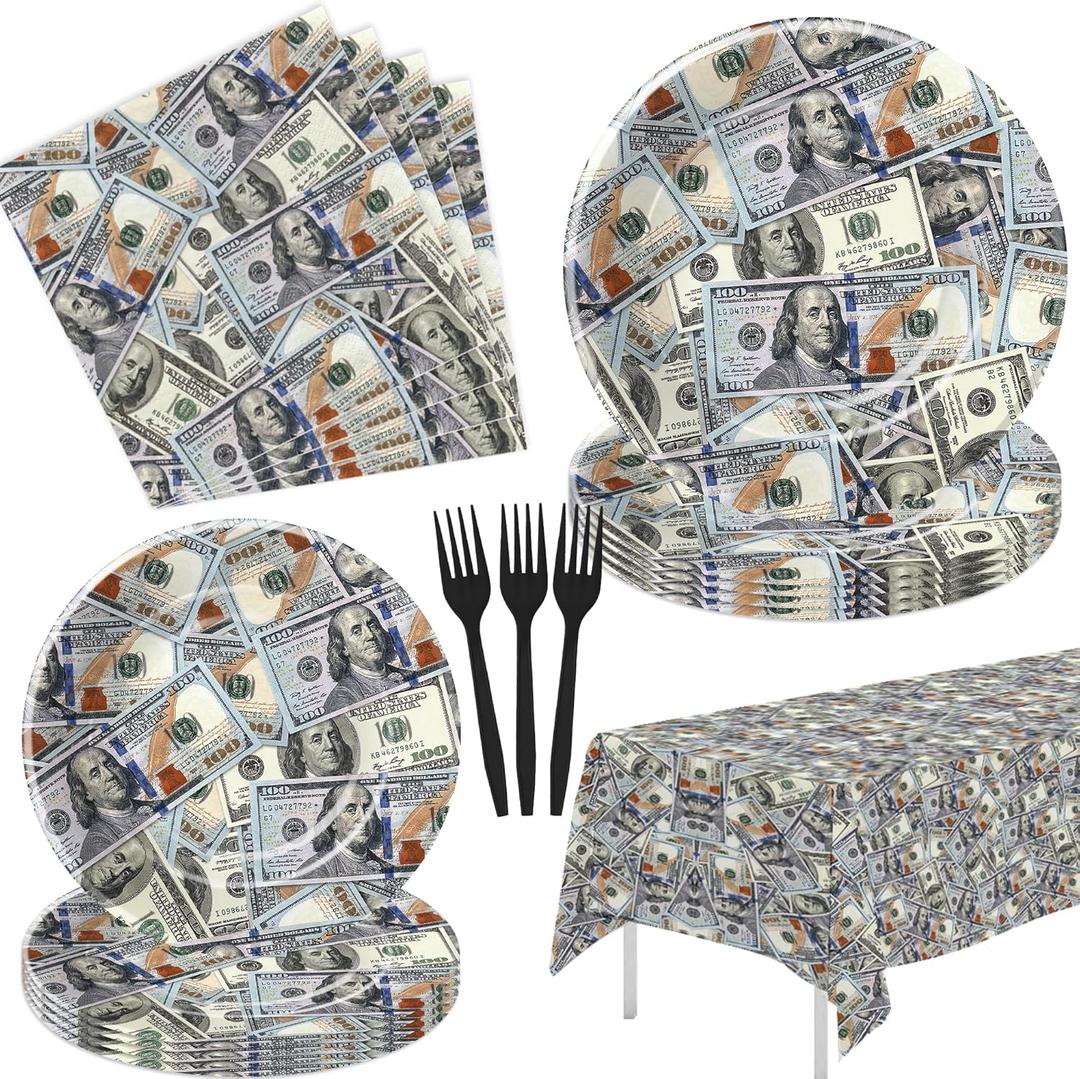 Money Birthday Party Supplies - Hundred Dollar Bill Theme Money Party Decorations Tableware, Paper Plate, Napkin, Tablecloth, Fork, One Hundred Dollar Birthday Table Decorations | Serve 24