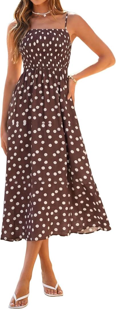 Simplee Womens Spaghetti Strap Maxi Dress Summer Casual Boho Smocked Flowy Long Sundress Beach Vacation Wedding Guest, medium