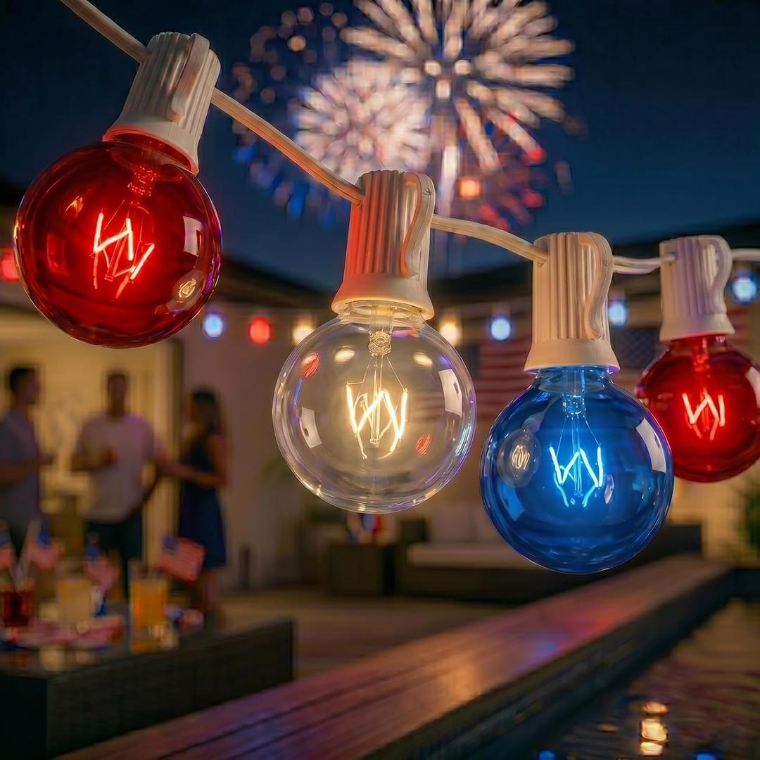 4th of July Decorations String Lights, 25Ft Outdoor Patio String Lights with 27 G40 Red White and Blue Bulbs(2 Spare), Independence Day Red White Blue Lights for Patriotic Party Garden Festival Decor