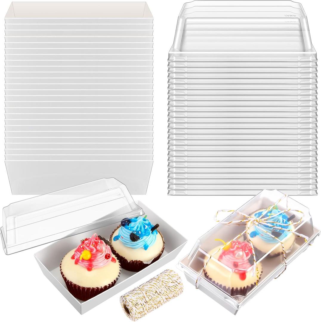 Ctosree 150 Pcs Paper Charcuterie Boxes with Clear Lids and Cotton Rope 5.5 Inches Disposable Food Containers Bakery Boxes for Dessert, Sandwich, Cupcake, Cookie, Chocolate, Strawberry (White), 5.5 X 2.8 X 2.36 Inches