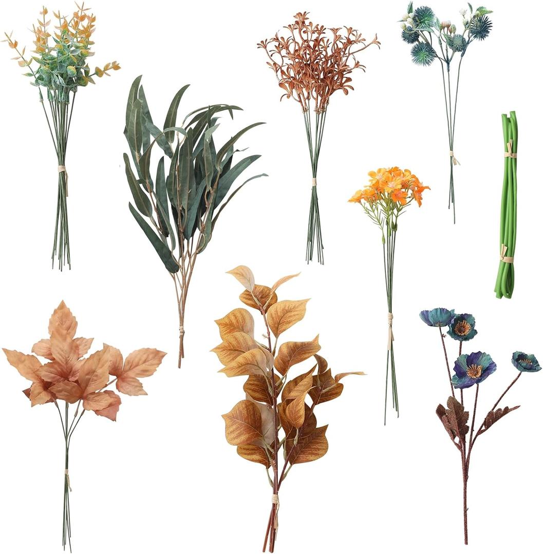 Floroom Artificial Greenery Stems Box Set, 39pcs with 8 Kinds of Faux Greenery Flowers Picks for DIY Bridal Bouquets Wedding Floral Arrangement Table Centerpieces, Earth Tones & Teal