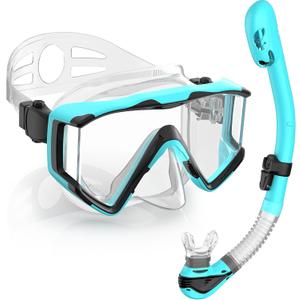 Greatever Snorkel Set Pano 3 Window Snorkel Mask Adult, Panoramic Wide View, Anti-Fog Scuba Diving Mask, Anti-Leak Snorkel Goggles Dry Top Snorkel, Professional Snorkeling Gear for Adults