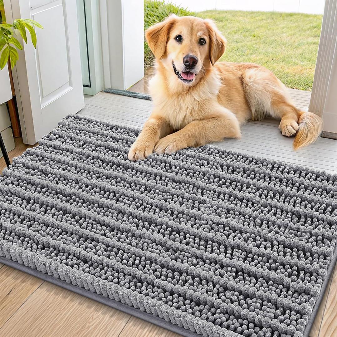 Smiry Dog Door Mat for Muddy Paws 36x24, Extra Soft Absorbent Chenille Doormat, Trap Moisture and Dirt, Non-Slip Machine Washable Front Door Mat for Indoor Entrance Inside Floor, Grey