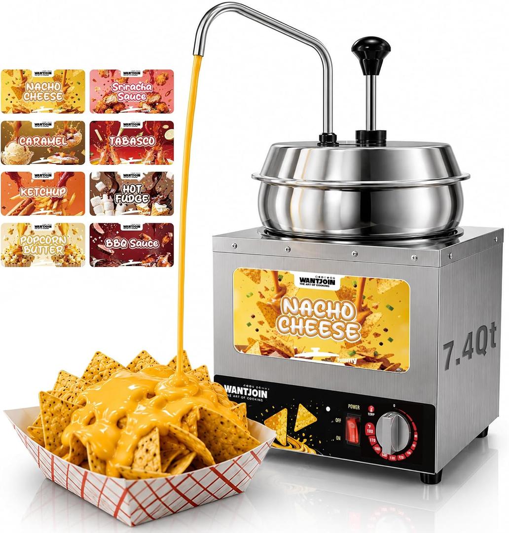 WantJoin Nacho Cheese Dispenser with Pump - 7.4Qt Nacho Cheese Warmer Commercial Hot Fudge Dispenser W/5-Level Temperature Adjustment for Stainless Steel Hot Fudge Warmer, Cheese Caramel