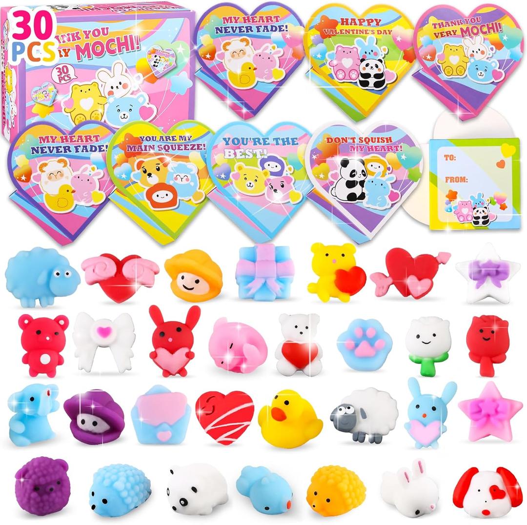 Valentine's Day Gifts for Kids, 30 PCS Mochi Squishy Toys with Valentine's Cards and Heart Boxes, Classroom Exchange Party Favors, School Prize Treats
