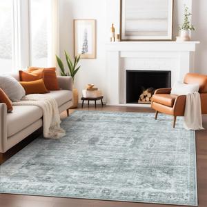 GENIMO Machine Washable 8x10 Area Rugs for Living Room, Non Slip Vintage Rugs, Low Pile Lightweight Chenille Print Rug for Bedroom, Dining Room, Home Office, Blue Gray