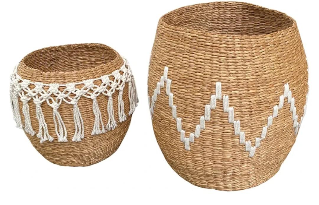 Set of 2 Baskets Large Handwoven Storage Basket with Decorative Pattern | Seagrass Bin for Laundry, Blankets, or Towels | Woven Organizer for Living Room, Bedroom (Seagrass)