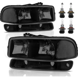 Headlight Assembly Front Lamp Compatible with 1999-2006 GMC Sierra 1500 2500, 2000-2006 GMC Yukon with Black Housing/Smoked Lens/Clear Corner with Bulbs