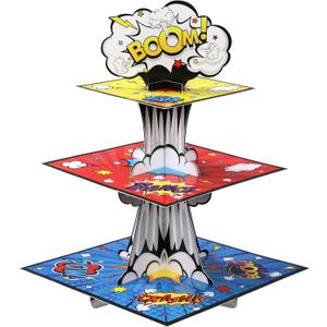 Zopeal 1 Pcs 3 Tiers Hero Cupcake Stand Hero Theme Party Supplies Action Cupcake Holder Themed Treat Stand Tower for Boys Girls Comic Book Birthday Decorations