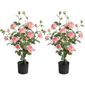 momoplant Artificial Rose Plant 25 Inch Tall Fake Silk Rose Flower Set of 2 Faux Trees with Potted for Living Room Table Kitchen Office Decor (Pink)
