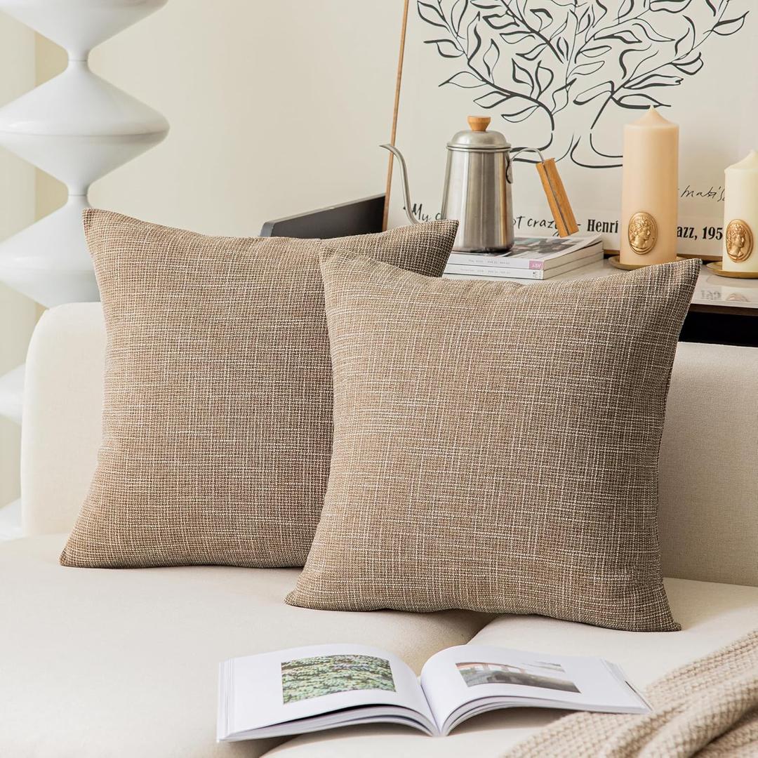 Kevin Textile Textural Faux Linen Throw Pillow Covers 18x18 Inch Cushion Netural Farmhouse Shams for Couch Sofa Bedroom, Invisible Zipper, 45x45CM(Set of 2, Natural Linen)