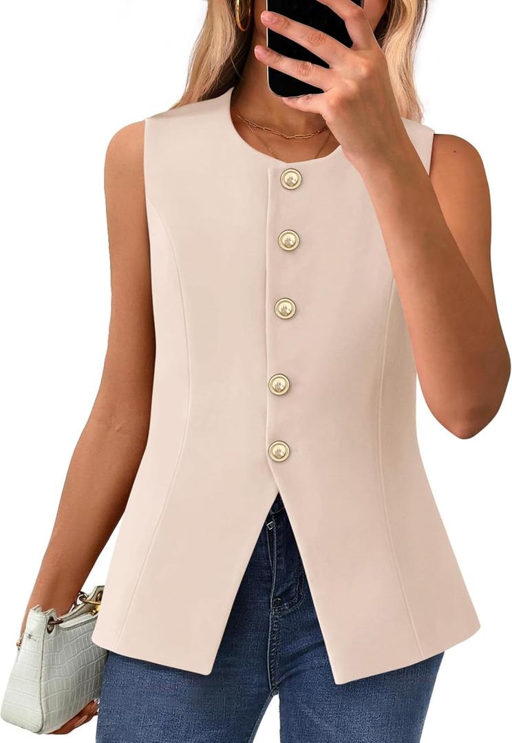 BTFBM Summer Sleeveless Blazer Vest For Women Dressy Button Down Round Neck Business Casual Outfits Work Suit Vests Tops (Large, Beige)