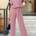 PRETTYGARDEN Women's One Piece Jumpsuits Dressy Casual Summer Short Sleeve Wrap V Neck Wide Leg Pants Romper Spring Clothes (Pink, S)