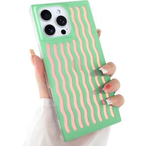 Rectangle Case for iPhone 16 Pro Case for Women Girls Boys, with Iridescent Wave Pattern and Cute Candy Color Design, Kawaii Aesthetic Girly Protective Phone Cover, Light Green