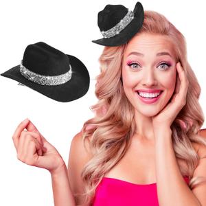 Zeyune 6 Inch Cowboy Hat Hair Clip with Rhinestones Cowgirl Mini Small Hat Clip for Disco Western Party Decoration (Black)