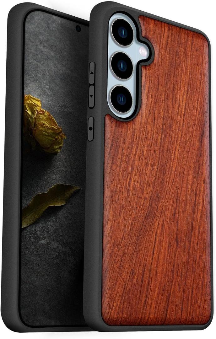 Carveit Wood Case for Galaxy S24 FE Case [Natural Wood & Black Soft TPU] Shockproof Protective Cover Unique Wooden Design Compatible with S24 FE (Natural Wood-Rosy)