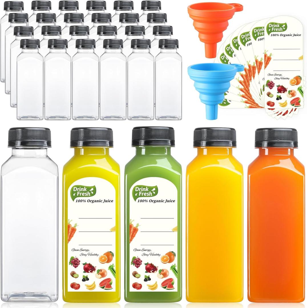16 PACK 12 OZ Reusable Thicker Plastic Juice Bottles with Caps, Food Grade