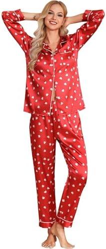 Leikar Satin Valentines Pajamas For Women Long Sleeve Sleepwear Button Down Red Silk Pjs (S)