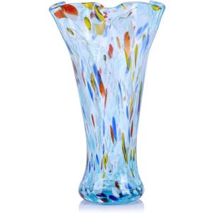 9.0" H Aqua Glass Vases for Flowers, Unique Hand Blown Glass Vase Aqua Home Decor, Wide Mouth Colorful Flower Vase Centerpieces, for Living Room Table Bookshelf, Bathroom Office Shelf Decorative