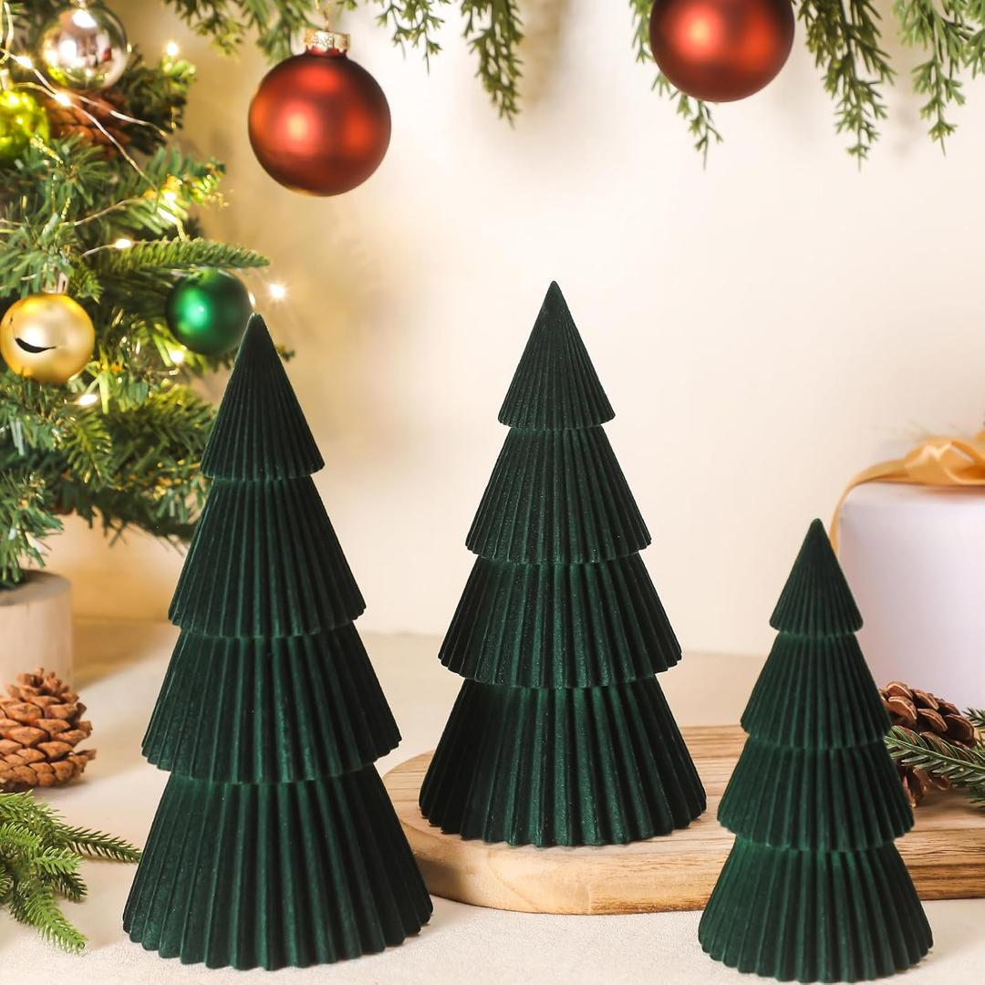 Set of 3 Christmas Velvet Trees - 8'' 10'' 12'' Modern Cone Indoor Christmas Decoration Home Minimalist Velvet Tree Figurines Decor for Holiday Mantel Tabletop Mantel Centerpiece(Green)