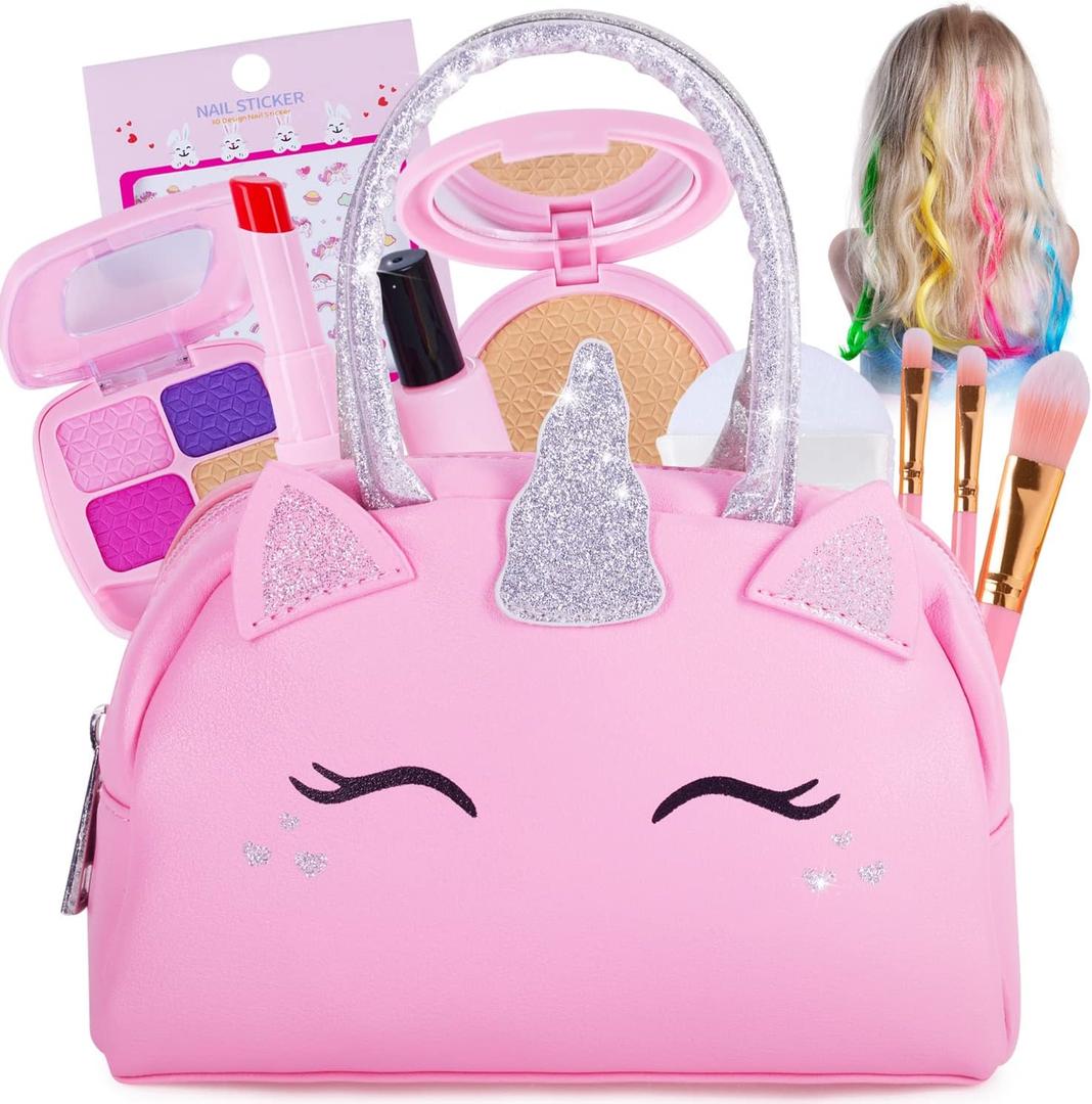 Pretend Play Makeup Kit for Little Girls with Unicorn Purse: Fake (Not Real) Make up Toy Set for Toddlers and Kids - Includes Hair and Nails Accessories, Baby Girl Toys Princess Toddler Gift Set