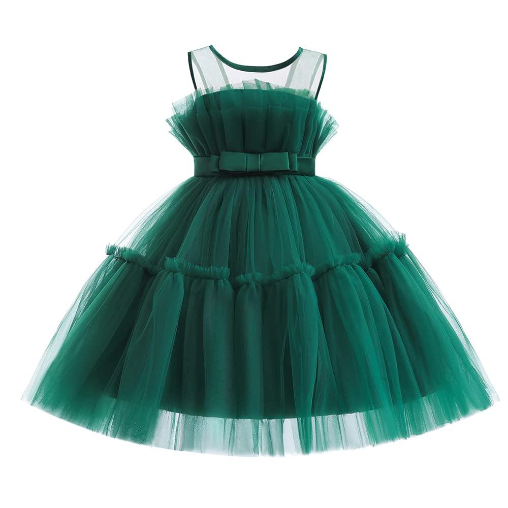 12M-6T Baby Girls Christmas Ruffle Ball Tutu Gown Wedding Party Lace Dresses Dark Green 120 (Green, M)