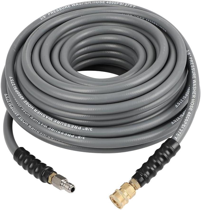 OCPTY 100FT 3/8" Flexible Pressure Washer Hose 4800 PSI, Non Marking Steel Wire Braided Kink Resistant Hose, Cold/Hot Water 275F, Power Washer Replacement Hose with 3/8" Quick Connect Adapter,Gray