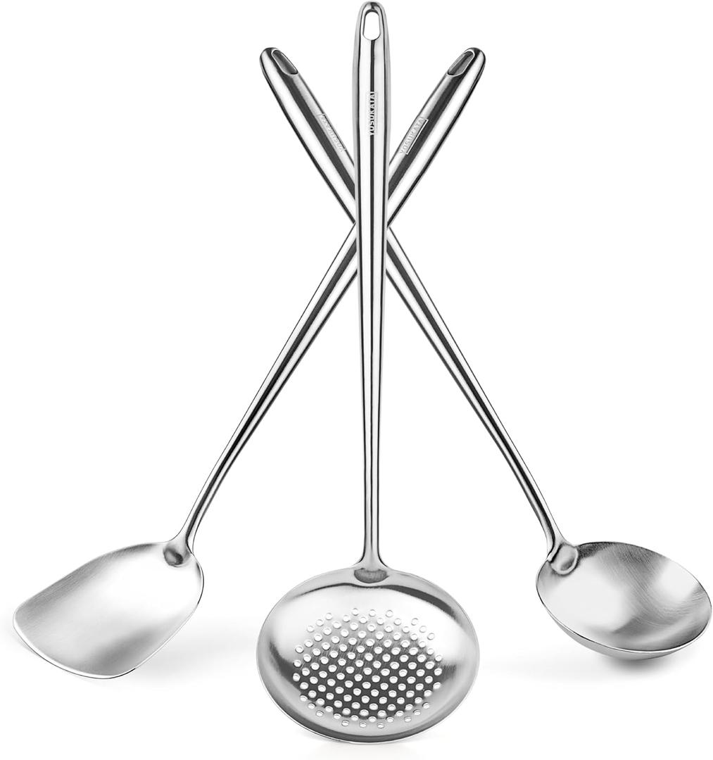 Yosukata 17" Wok Spatula and Ladle Skimmer Spoon - Stainless Steel Cooking Utensils Set of 3-304 Stainless Steel Kitchen Utensils Set - Dishwasher Safe Wok Accessories - Wok Utensils - Cooking Tools