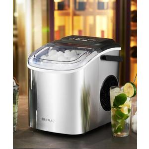 HECMAC Countertop Ice Maker, 26lbs/Day, 9 Cubes in 6 Mins, Self-Cleaning Machine with Basket & Scoop, 2 Bullet Ice Sizes for Home, Kitchen, Office, Bar, Party - Stainless Steel