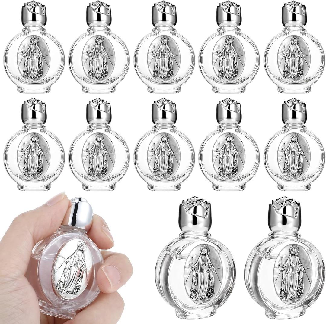 MAQUITA 12 Pcs Glass Holy Water Bottles 0.5 Fl oz Embossed Glass Travel Empty Bottles Girls Little Bottle Church Decorations for Home Wedding, Portable Party Favors (Silver,Divine Mercy)