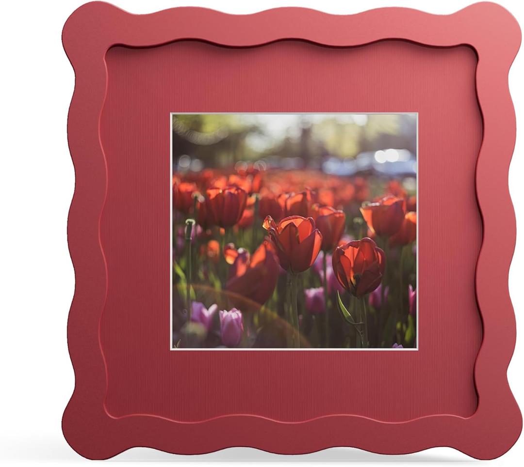 6x6 Picture Frame with Mat for 4x4, Wavy Edge Wooden Real Glass Photo Frame for Tabletop and Wall Hanging, Red, 1 Pack