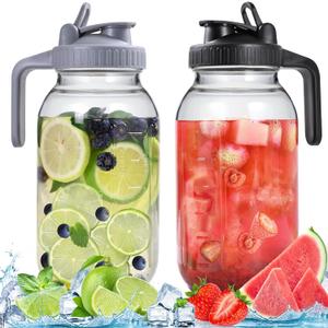 Glass Pitchers with Lid, Set of 2, 64OZ Leak-Proof Airtight Mason Jars, Wide Mouth Water Jugs for Cold Brew Coffee, Iced tea, Milk, Food Storage, Sun Tea Jar. (Black+Grey)