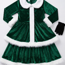 Gueuusu Kid Little Girls Christmas Outfit Santa Claus Velvet Lapel Long Sleeve Dress Princess Party Layered Dresses with Belt, 110