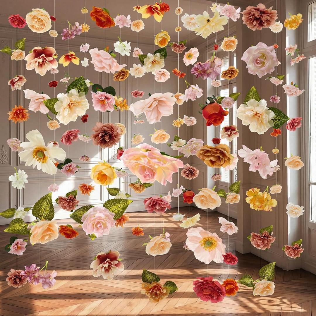 6 Pcs 35.46 ft Flower Garlands Backdrop Spring Artificial Wildflower Vines Floral Decorations for Party Fake Flower Vines Faux Silk Wildflower for Easter Wedding Garden Wall Arch(Champagne)